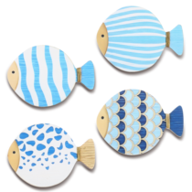 HJZHII Wood Fish Wall Decor, Vintage Blue Fish Hanging Wall Sculptures Nautical Coastal Wall Art Decor Ocean Beach Theme Ornaments for Lake House Bathroom Bedroom, 4pcs
