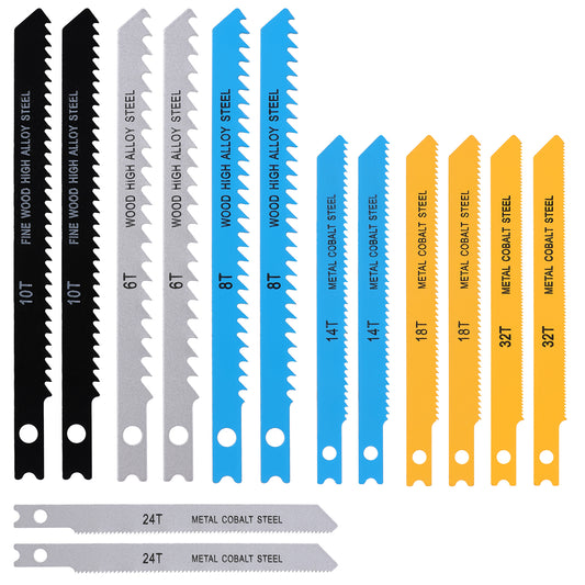 LXUEJIE 14 PCS U-Shank Jig Saw Blade Set, Jigsaw Blades for Wood Plastic Metal Cutting Fit Vast Majority U Shank Jigsaws Jigsaw Blades Set Includes 6T 8T 10T 14T 18T 24T 32T with Storage Case