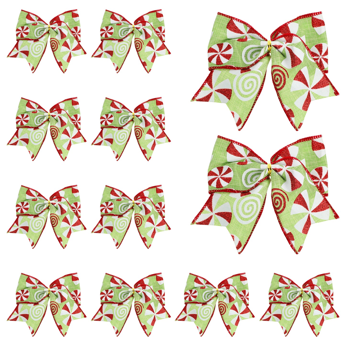 JIEYAO 12 Pcs Red Green Christmas Bows, 5.9“ Christmas Tree Candy Wreaths Bows, Xmas Elf Tree Dot Bows Peppermint Garland Ribbon Ornaments Santa Gift Decorations for Home Party Crafts Gift Wrap(Green)