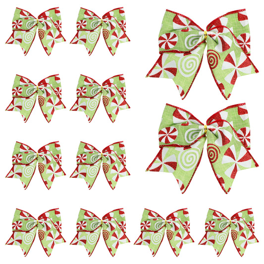 JIEYAO 12 Pcs Red Green Christmas Bows, 5.9“ Christmas Tree Candy Wreaths Bows, Xmas Elf Tree Dot Bows Peppermint Garland Ribbon Ornaments Santa Gift Decorations for Home Party Crafts Gift Wrap(Green)