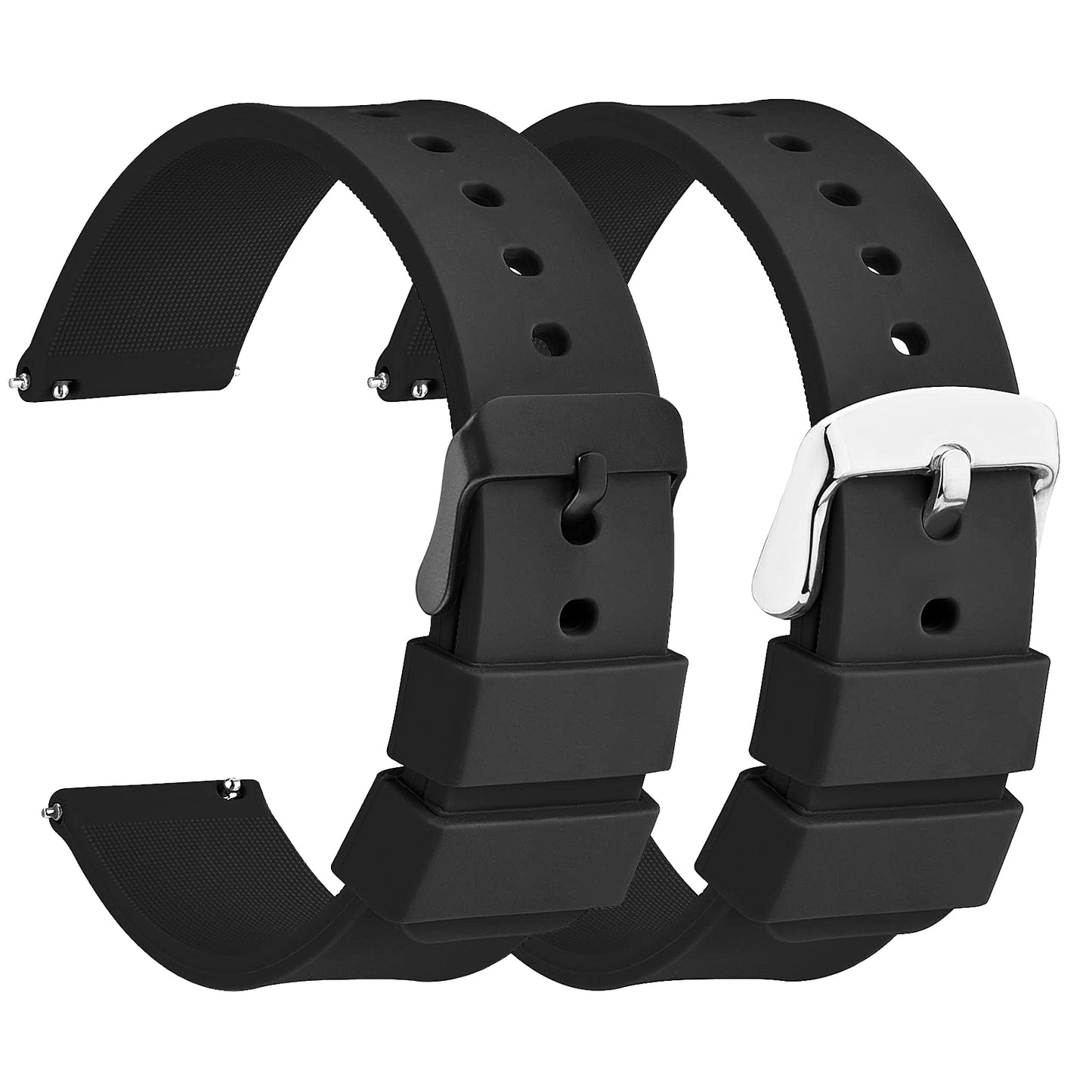 Molain 2 Pcs Silicone Rubber Watch Bands - Quick Release, Black/Silver Stainless Steel Buckle, Waterproof Sporty Replacement Universal Watch Straps Bracelet Wristband for Men Women(22mm, Black Band)