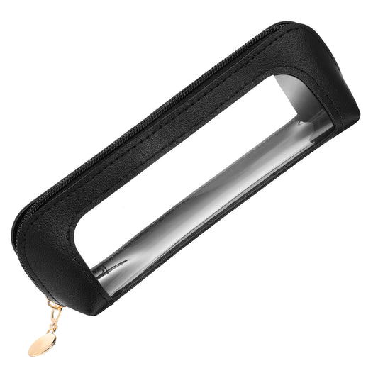 JIEYAO Small Clear Makeup Bag, Portable Travel Makeup Brush Case PU Leather Transparent Waterproof Cosmetic Organizer Pouch with Zipper for Women Home Travel Office Essentials(Black)