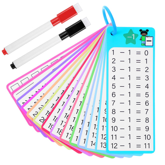 HJZHII 1-12 Subtraction Flashcards, 14 PCS Reusable Math Flashcards Subtraction Chart with Quiz Test Math Games with 2 Dry Erase Markers 1st to 3rd Grades Game