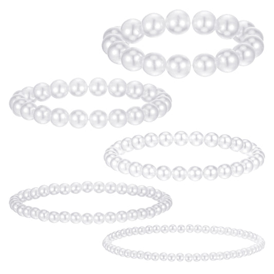 Molain 5 Pcs Pearl Bracelets for Women Stretch Strand Bracelets Pearl Bracelets Bridal Wedding Elastic Bracelets Stackable Faux Pearl Bracelets for Lady Party Jewelry Pearl Beaded Bracelets(White)