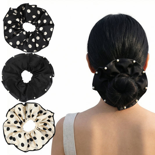 Jeffdad 3Pcs 7.9 Inches Big Large Satin Scrunchies, Polka Dot Vintage Chic Oversized Satin Scrunchies Soft&Smooth for Thick & Curly Hair