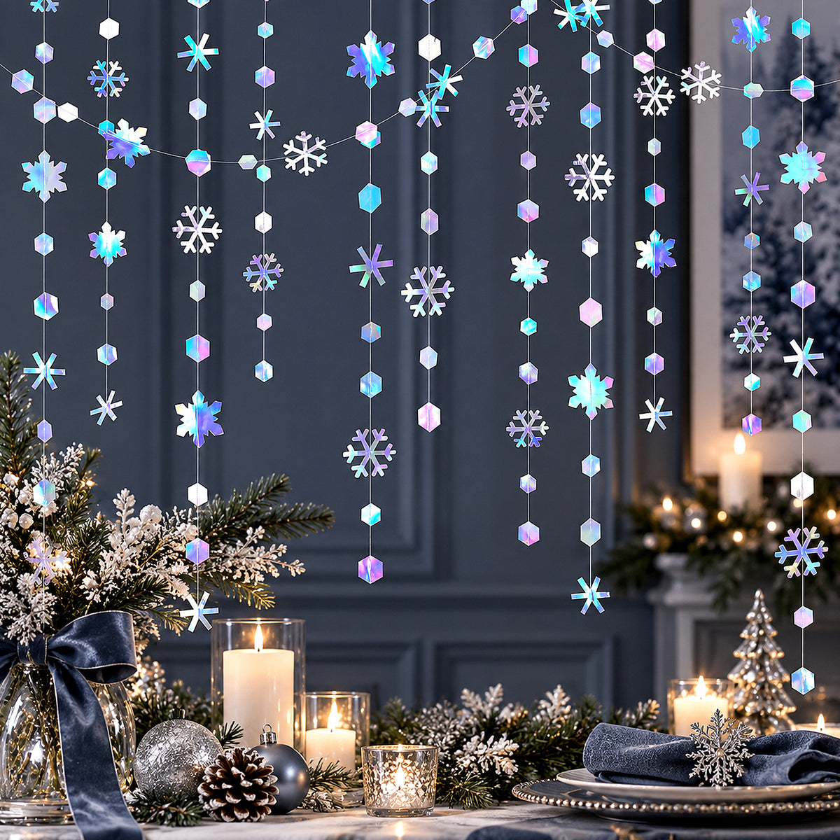 GEEHUA 65.6Ft Winter Wonderland Decorations, Iridescent Snowflake Garland