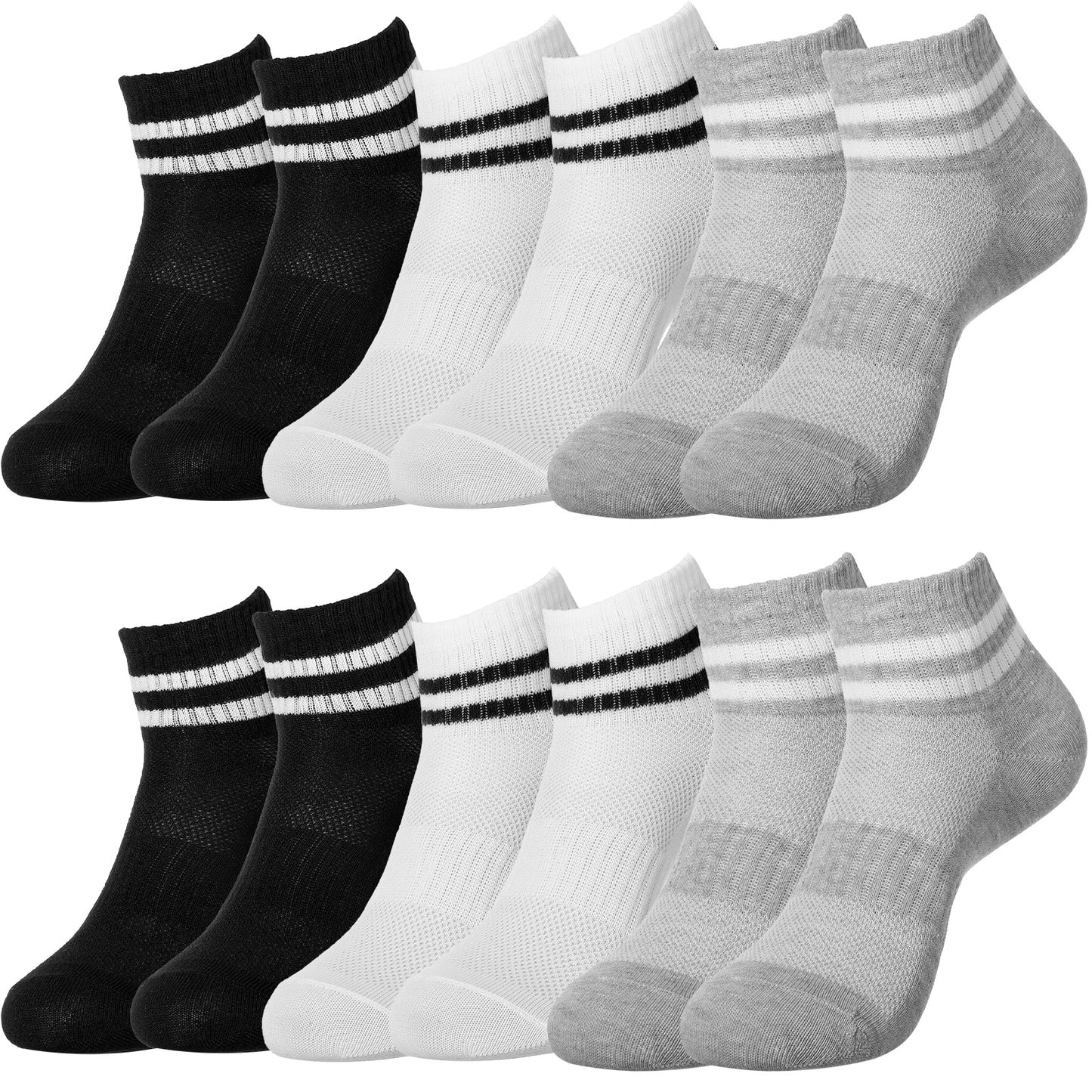 DOPENSPI 6 Pairs Ladies Sports Socks, Breathable Ankle Socks Striped Sock Casual Sock for Running Hiking Training Daily Wear (Black Gray White)