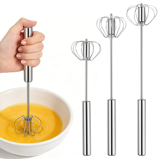 JJUNW 3 Pack Semi-Automatic Egg Whisk Beater, Stainless Steel Mini Hand Whisk, Push Mixer Stirrer Hand Push Egg Beater for Baking Whisking Stirring
