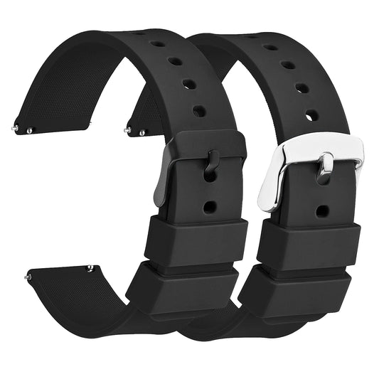 HJZHII 2PCS 18mm Silicone Watch Band, Soft Replacement Straps Quick Release Rubber Strap with Black and Silvery Stainless Steel Buckle(18mm)