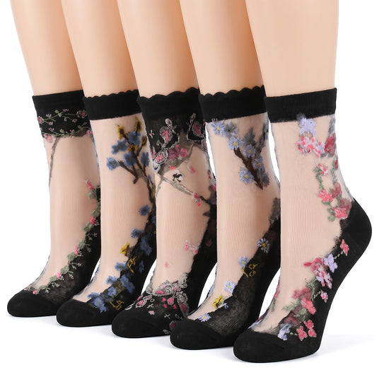 HJZHII 5pairs Womens Ankle Sheer Socks, Black Transparent Floral Patterned Nylon Socks Embroidered Lace Sock Thin Floral Sheer Mesh Transparent Sock for Women Girls