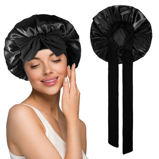 JIEYAO Satin Bonnet for Sleeping Women, Double Layer Silk Bonnet, Hair Bonnet with Elastic Tie Band Silk Sleeping Cap Nightcap Hair Protect for the Night Bonnet for Curly Hair (Black)