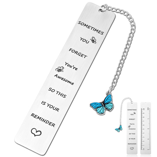 HJZHII Inspirational Gifts Bookmarks, Sometimes You Forget You're Awesome So This is Your Reminder with Butterfly Pendant Motivational Stainless Steel Book Markers Rulers for Reading()
