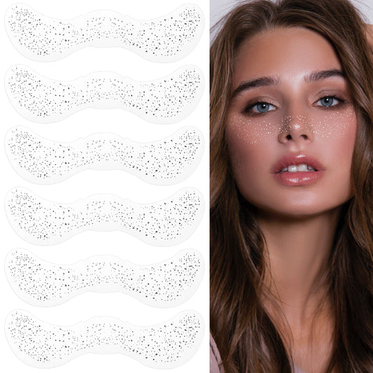 AOZUO 6PCS Glitter Freckles Face Tattoo, Makeup Face Glitter Speckles Patches Cute Waterproof Glow Up Sparkle Temporary Tattoo Fairy Rave Festival Trinkets Accessories for Women Girls(Silver-A)