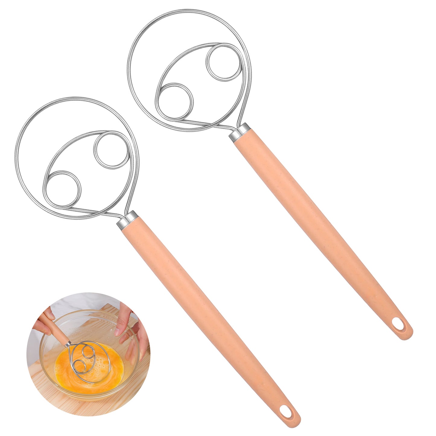 TIESOME Danish Dough Whisk, 2 Pcs 10-Inch Stainless Steel Dough Hook with Wooden Handle, Sturdy Dutch Bread Mixer for Sourdough, Pizza & Pastry, Baking Tools (Natural Wood Color)