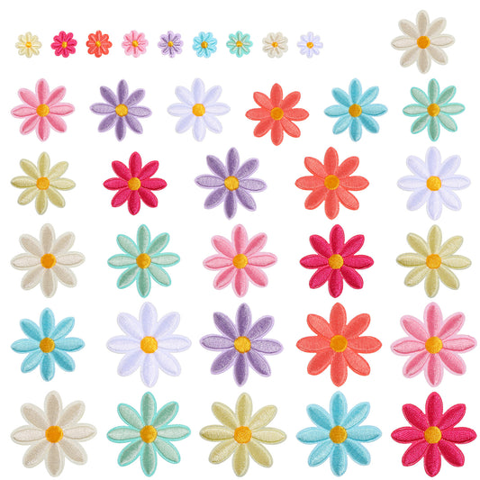 HJZHII 36Pcs Daisy Flower Iron on Patches, 4 Sizes Cute Daisy Flower Applique Patch Sew On Embroidered Patches Flowers Embroidery Applique Patch for Women Bags Jackets Jeans Hats Clothes