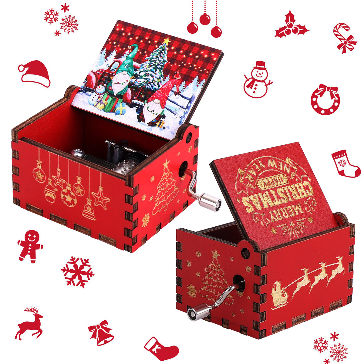 Amaxiu Wooden Hand Crank Music Box, Christmas Jingle Bells Gift (Red)