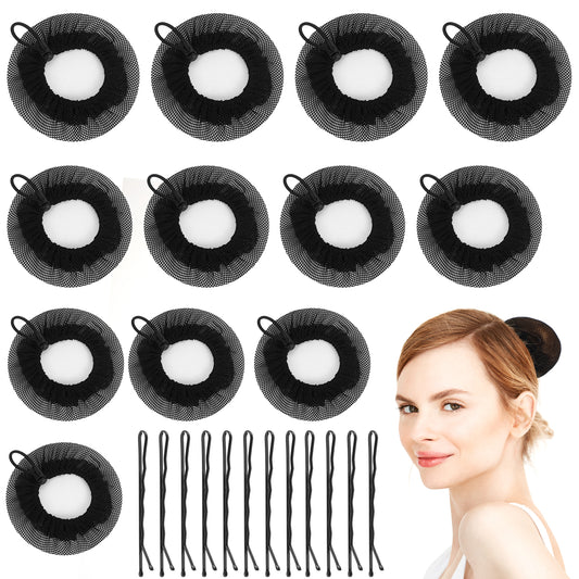 AOZUO 12pcs Mesh Hair Net, 3 Sizes Invisible Elastic Hair Nets for Buns with Adjustable Drawstring and 48pcs Bobby Pins Hair Bun Making for Ballet Gymnastics Dancer Catering Hair Cover