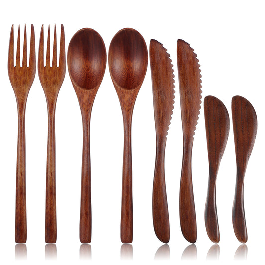 HJZHII 8PCS Wooden Utensils for Eating, Nanmu Wooden Spoons Forks Scraper Butter Spreader Reusable Wood Utensil Set Flatware Tableware Cutlery Set for Home Travel Camping