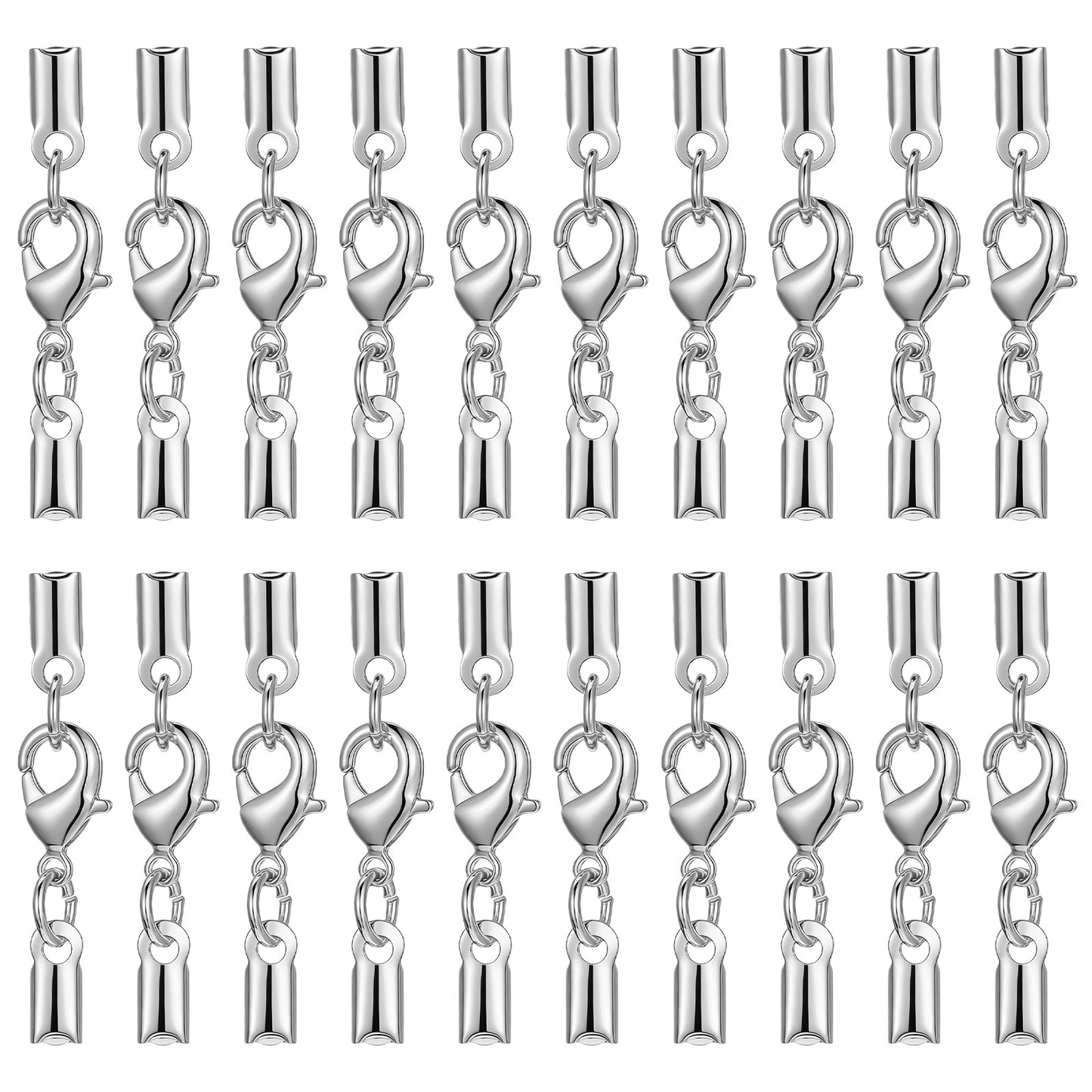 HJZHII 20Pcs Silver Cord End Caps with Lobster Clasp Connector, Stainless Steel Necklace Jewellery Making Lobster Clasps for Necklace, Bracelet, DIY Craft Jewellery Making