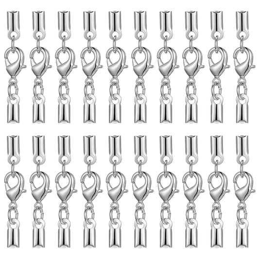 HJZHII 20Pcs Silver Cord End Caps with Lobster Clasp Connector, Stainless Steel Necklace Jewellery Making Lobster Clasps for Necklace, Bracelet, DIY Craft Jewellery Making