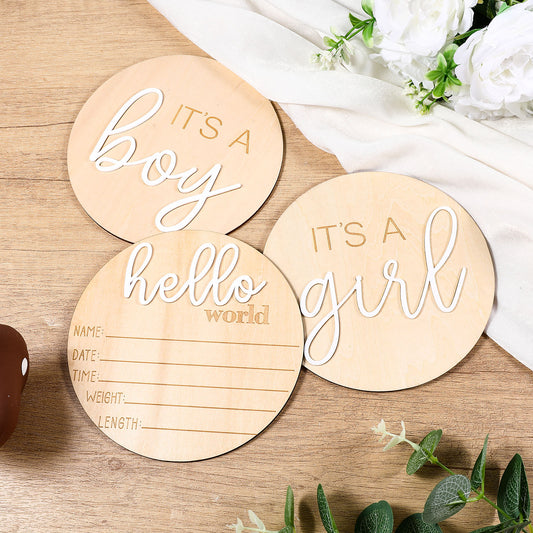 JIEYAO 3Pcs Newborn Announcement Sign, Gender Reveal Wooden Signs It's a Boy Girl & Hello World Baby Announcement for Nursery Decor Hospital Birth Photography Prop Boho Newborn Keepsake(White)