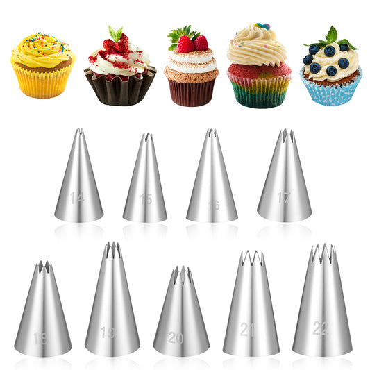 LIQWEI 9Pcs Open Star Piping Tips Set, French Star Tube Set Frosting Nozzle Kit,Stainless Steel Star Pastry Tips for Cupcakes Cakes Cookies Decorating (Small Size)