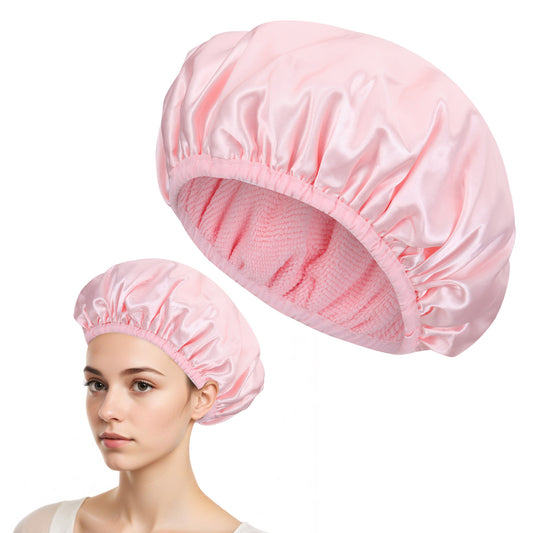 BOHUIZ Shower Cap, Triple Layer Shower Cap for Women Terry Cloth Lined Reusable Waterproof Bath Cap Hair Cap for Long Thick Hair(Pink)