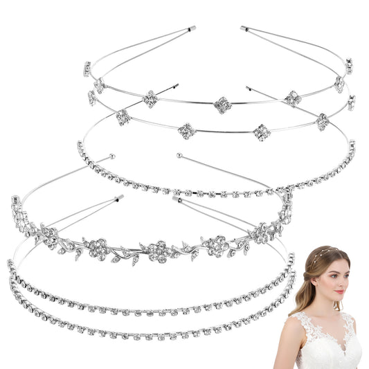 Andibro 4 Pcs Rhinestone Headbands, Bridal Wedding Headpiece Crystal Tiara Crown Metal Hair Band for Women Prom Party Hair Accessories(silver)