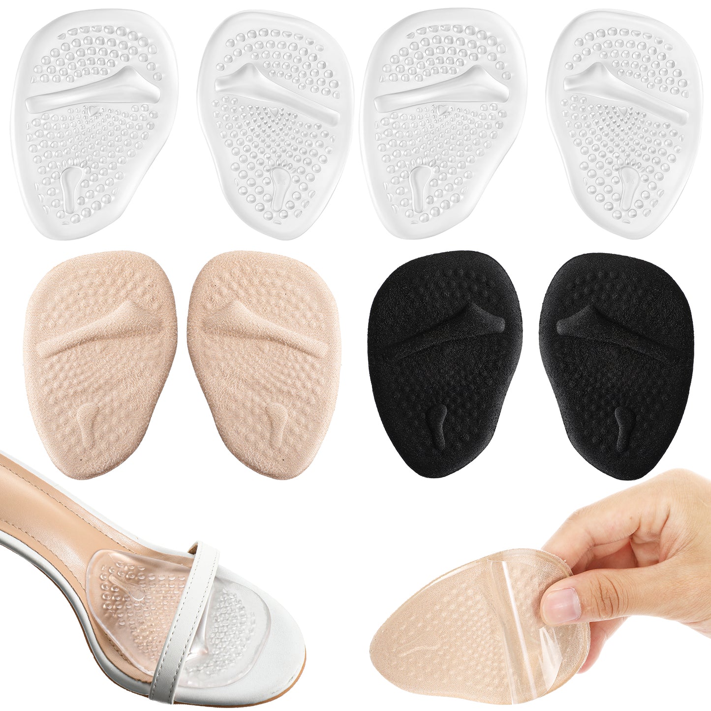 Amaxiu 8 Pcs Ball of Foot Cushions, Metatarsal Pads Forefoot for Women Inserts Non-Slip High Heel Comfort Pads with Adhesive Pain Relief for High Heel Shoes Metatarsalgia