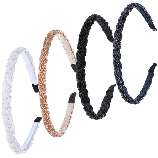 Jeffdad 4Pcs Beaded Headbands for Women Sparkly Braided Beaded Headbands Multiple Color Hair Accessories Head Bands for Women Girls Fashion Hair Bands Gift