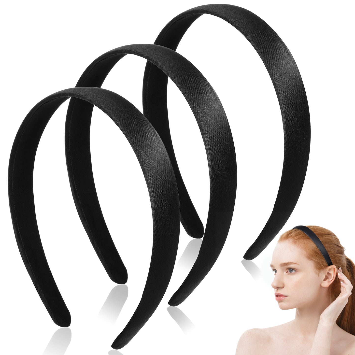 TIESOME 3Pcs Satin Black Headbands for Women, Plain Wide Hair Band Fashion Solid Hairband Non-Slip Elastic Hoops for Women Girls Holiday Cosplay Costumes Valentine's Day Gifts DIY Crafts(2 CM)