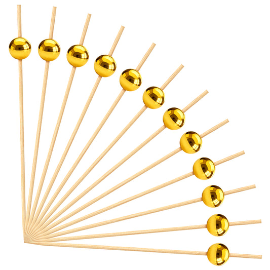 JJUNW 100Pcs Cocktail Picks, Plastic Ball Decor Skewer Fancy Toothpicks for Appetizers Charcuterie Sandwich Burgers Fruit, Kitchen Gadget(Gold)