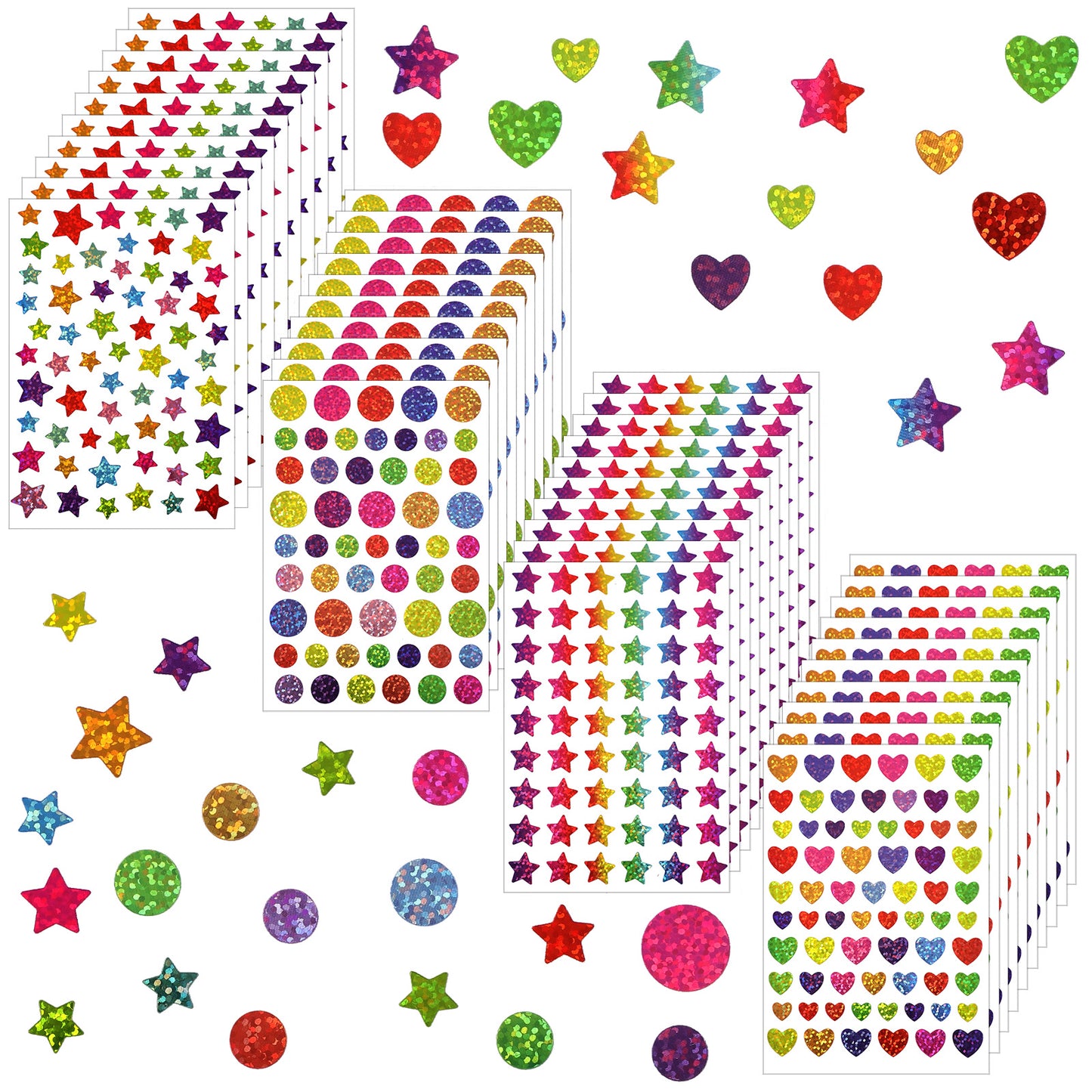 SHENLIU Glitter Stickers 2540 Pcs, Small Stickers for Kids Classroom, Colorful Heart Sticker with Star & Round Shapes, 40 Sheets Teacher Supplies & Reward Charts