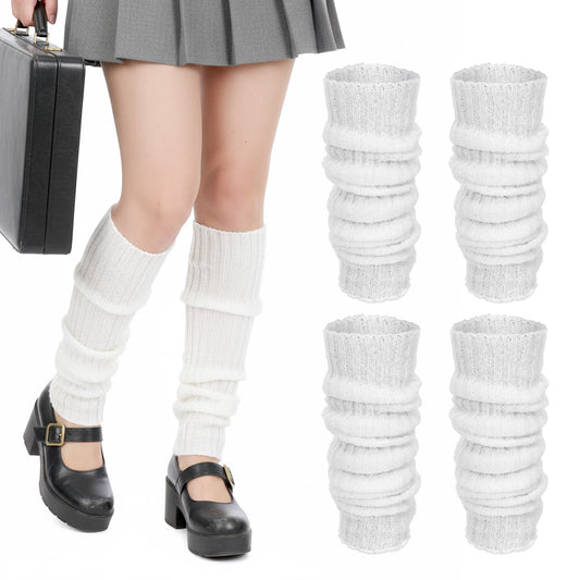 LXUEJIE 2 Pairs Slouchy Leg Warmers, Ribbed Knit Knee High Leg Warmers for Women, Winter Ankle Heap Sock, 80s Fashion Long Legs Warmer Socks Knit Long Socks for Dance, Sports & Party, White, Polyester