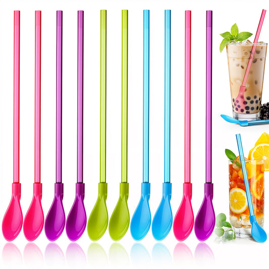 Jeffdad 10Pcs Plastic Straw Spoons, 2 in 1 Colored Straw Spoon Reusable Detachable Straw Spoons Detachable for Smoothie, Milkshake, Cocktails, Coffee and Hot Drinks
