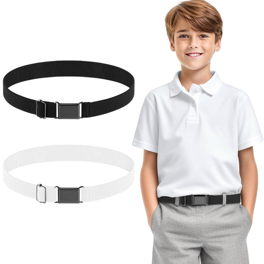 TIESOME 2PCS Adjustable Kids Elastic Belts, Stretch Waist Belts Black Metal Square Buckle Boys Belt for Pants Jeans Uniform (Black+White)