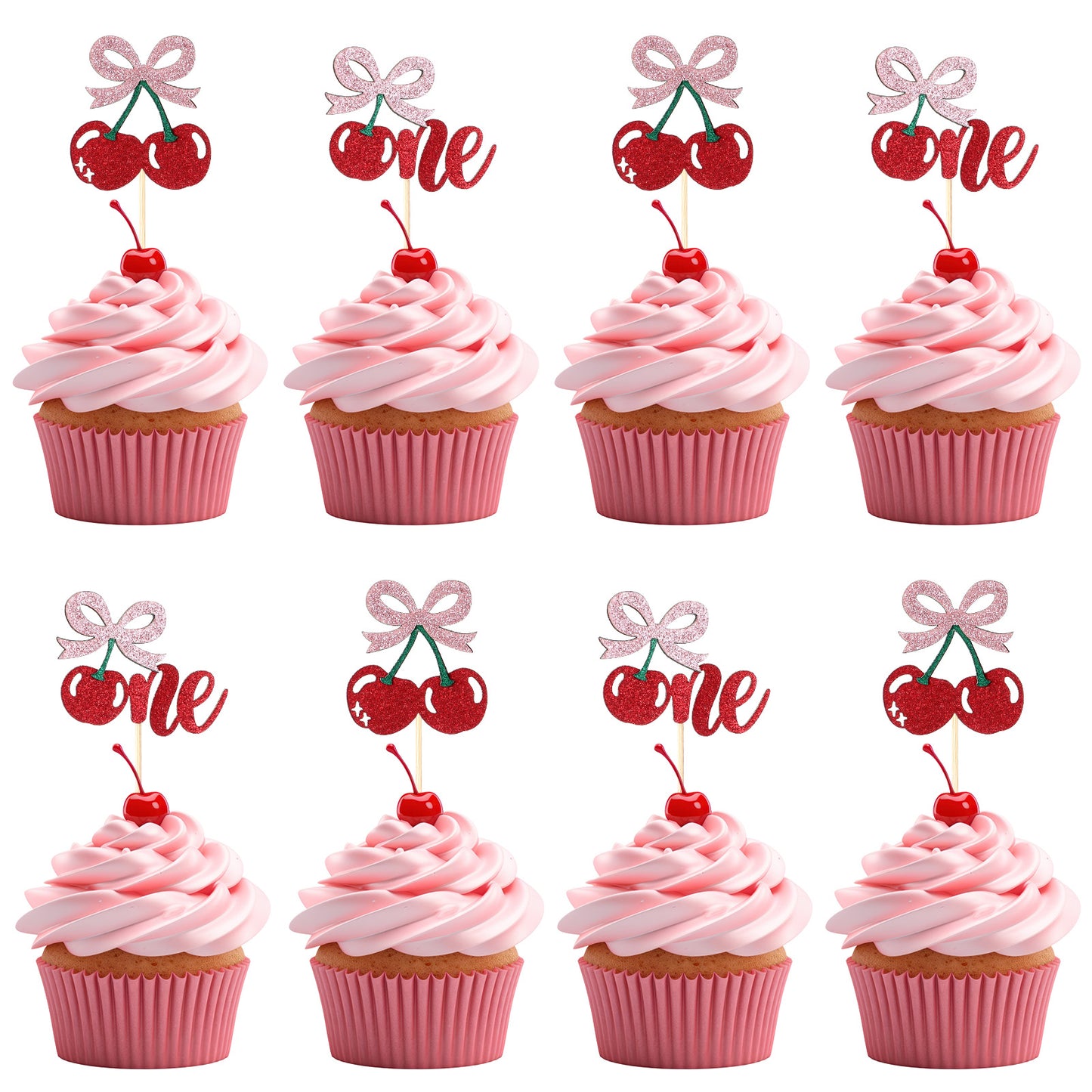 YUXMU 24 Pcs Cherry Birthday Cupcake Toppers, She's the Cherry on Top Baby Shower Decorations Glitter Cherry Cake Decorations for Fruit Theme Party Supplies(one)