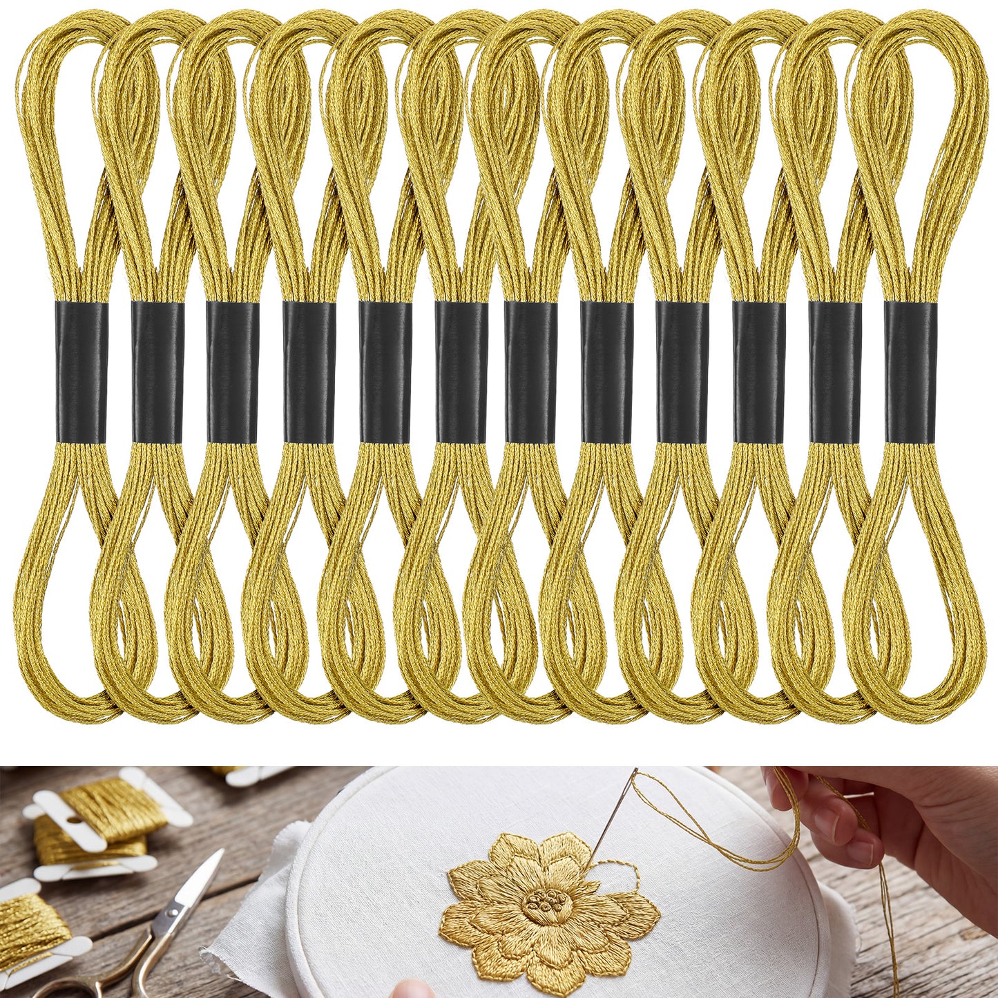 SULIKJHUI 12 Skeins Metallic Gold Embroidery Thread and Floss, Shiny & Lustrous Finish for Cross Stitch, Friendship Bracelets, Sewing, Yarn Crafts & String Art Supplies (Gold, 8m/315 Inches)