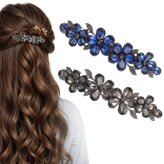 MBAIYO 2Pcs Rhinestone Hair Clips, Wedding Hair Barrettes Bridal Hair Accessories for Women Sparkly Crystal Hair Clips Vintage Crystal Flower Hairpins for Wedding Bride Long Hair(Blue+Champagne)