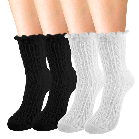 Giantree 4Pcs Women White Crew Socks, White Crew Socks Women, Ruffle Socks Woman, Cable Knit Casual Crew Sock, White Lettuce Edge Boot Sock, Casual Knit Cotton Comfy Breathable Cool Sock(White, Black)