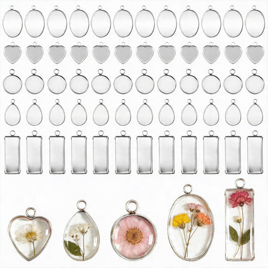 Cobee 60 Pcs Stainless Steel Pendant Trays Kit, 5 Shapes Silver Bezels for Resin Jewelry Making Flat Back Settings for Earring Pendants Cabochons DIY Crafts