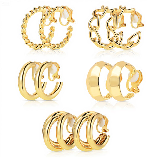 BOHUIZ 5 Pairs Gold Clip On Hoop Earrings for Women, Stylish Chunky Gold Hoops Earrings Set Golden No Piercing Fake Earring Set