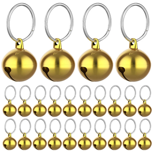 Molain 24pcs Cat Metal Bells with Keyring- Dog Collar Bell Chrome, Training Jingle Bell Collar Pendant Pet Accessories Festival Party DIY Bells (Gold)