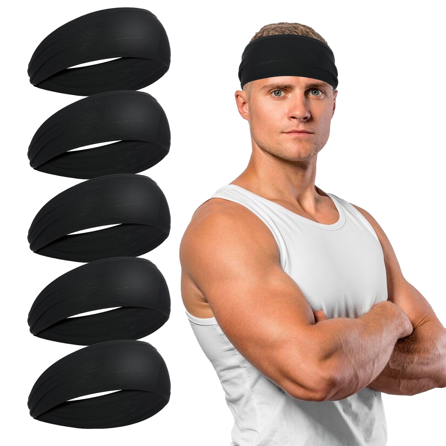 JIEYAO 5 Pack Sports Headbands, Mens Athletic Sweatbands Moisture-Wicking Stretchy Sweatbands Black Workout Breathable Headband for Running Yoga Fitness