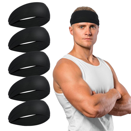 JIEYAO 5 Pack Sports Headbands, Mens Athletic Sweatbands Moisture-Wicking Stretchy Sweatbands Black Workout Breathable Headband for Running Yoga Fitness