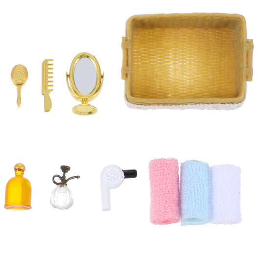 Gintree 10 Pcs 1:12 Scale Dollhouse Mini Bathroom Accessories Include Basket Towels Mirror Shower Gel Perfume Comb Hair Dryer for Mini House Bathroom Bedroom Decoration