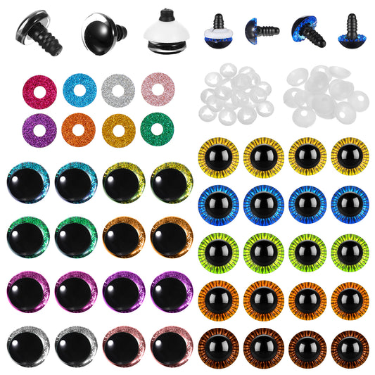 HJZHII 72 Pcs Glitter Safety Eyes, 15mm 17mm 18mm Amigurumi 3D Glitter Safty Eyes with Washers 8 Color Round Crochet Eye for Puppet Stuffed Animals Doll Crafts Gift for Crochet Lovers