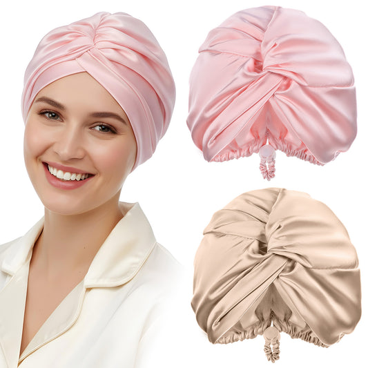 LXUEJIE 2 Pcs Silk Satin Hair Bonnet for Sleeping Women, Adjustable Silk Sleep Cap Double Layer Silks Bonnet for Sleeping Curly Natural Hair
