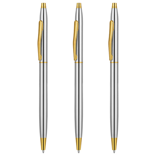 Molain Metal Ballpoint Pens, 3 Pack Slim Stainless Steel Metallic Retractable Pens Black Ink Gold Pen Nice Gift for Business Office Students Teachers Wedding Christmas (Silver), 545867-SALZZ-C