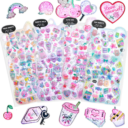HJZHII 4 Sheets 3D Puffy Stickers, Kawaii Tiny Stickers Sparkly Squishies Cat Bear Rabbit Dessert Fruit Heart Stickers for Phone Case Laptop Gift(Style 1)